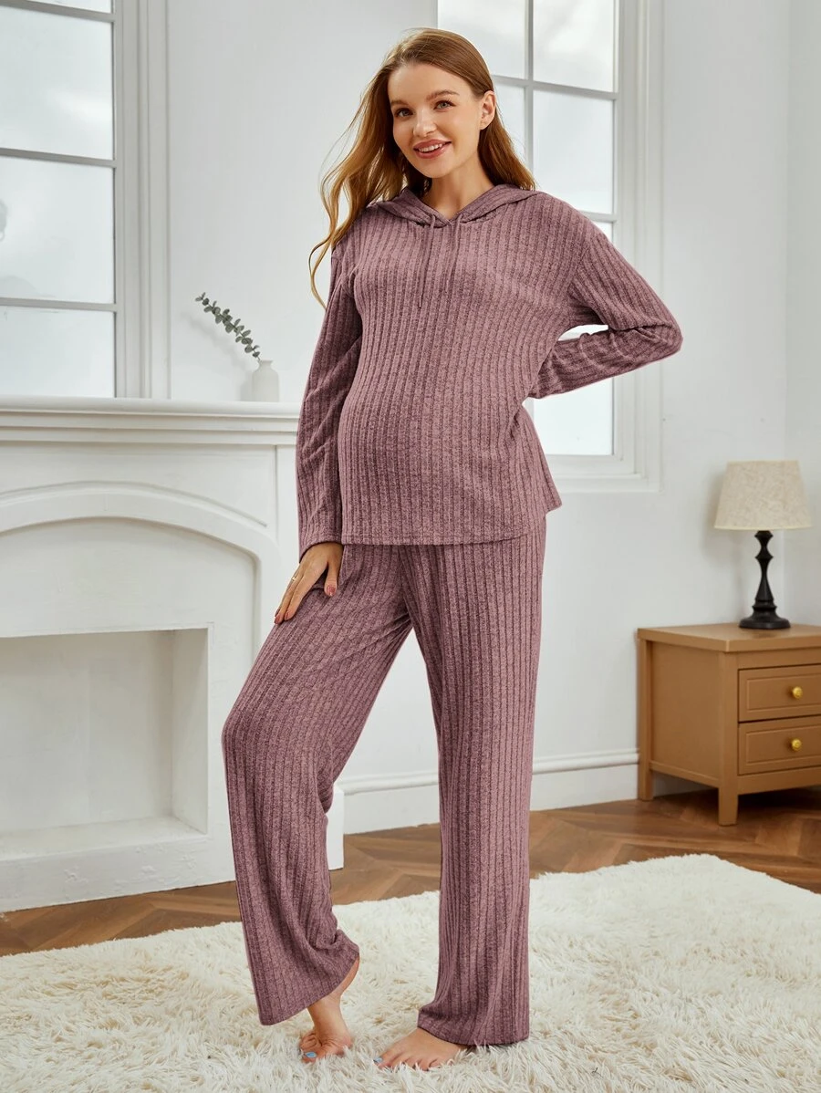SHEIN Maternity Drop Shoulder Hooded Tee & Adjustable Waist Trousers Lounge Set - Mauve Purple - View 1