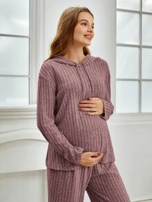 SHEIN Maternity Drop Shoulder Hooded Tee & Adjustable Waist Trousers Lounge Set - Mauve Purple - View 3