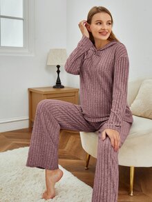 SHEIN Maternity Drop Shoulder Hooded Tee & Adjustable Waist Trousers Lounge Set - Mauve Purple - View 4