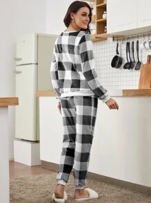 Buffalo Plaid Print Flannel PJ Set / Pajama Set - Black and White - View 2