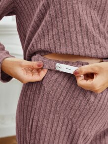 SHEIN Maternity Drop Shoulder Hooded Tee & Adjustable Waist Trousers Lounge Set - Mauve Purple - View 5