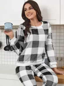 Buffalo Plaid Print Flannel PJ Set / Pajama Set - Black and White - View 3