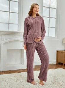 SHEIN Maternity Drop Shoulder Hooded Tee & Adjustable Waist Trousers Lounge Set - Mauve Purple - View 6