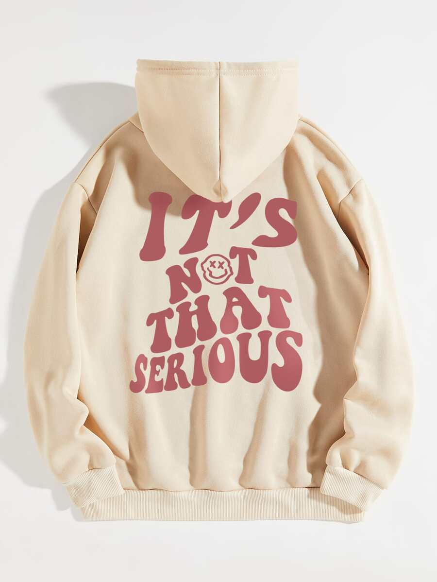 SHEIN EZwear 标语和表情印花袋鼠口袋抽绳保暖连帽衫没那么严重 - 杏色 - 查看 1