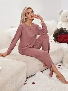 素色落肩T恤和下擺開叉長褲休閒服套裝 - 藕粉色 - 查看 5