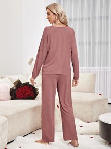 素色落肩T恤和下擺開叉長褲休閒服套裝 - 藕粉色 - 查看 2