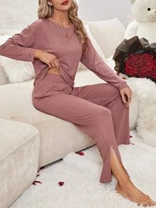 素色落肩T恤和下擺開叉長褲休閒服套裝 - 藕粉色 - 查看 1