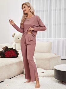 素色落肩T恤和下擺開叉長褲休閒服套裝 - 藕粉色 - 查看 4