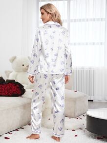 Floral Print Contrast Binding Satin PJ Set - White - View 2
