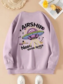 SHEIN EZwear Plus UFO & Letter Graphic Thermal Lined Sweatshirt - Lilac Purple - View 1