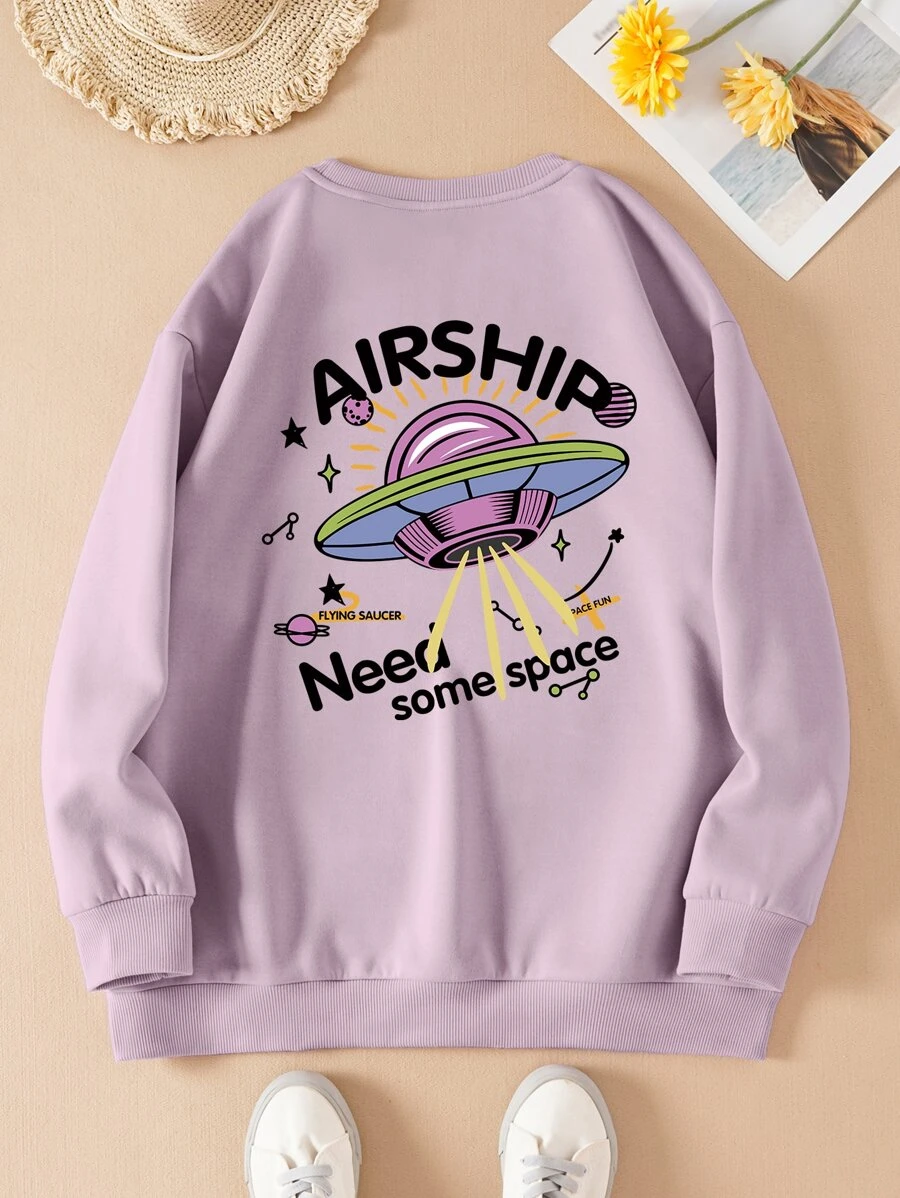 SHEIN EZwear Plus UFO & Letter Graphic Thermal Lined Sweatshirt - Lilac Purple - View 1