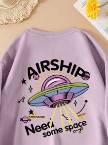 SHEIN EZwear Plus UFO & Letter Graphic Thermal Lined Sweatshirt - Lilac Purple - View 3