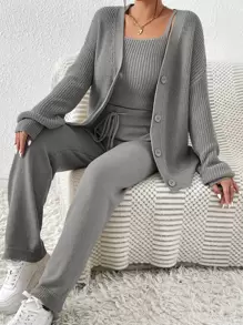 SHEIN Essnce Drop Shoulder Cardigan & Drawstring Waist Knit Pants & Cami Knit Top - Grey - View 1