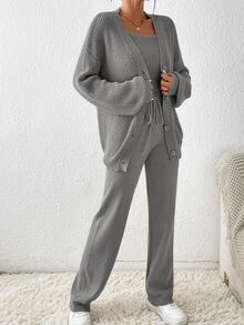 SHEIN Essnce Drop Shoulder Cardigan & Drawstring Waist Knit Pants & Cami Knit Top - Grey - View 2