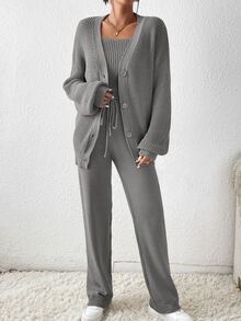 SHEIN Essnce Drop Shoulder Cardigan & Drawstring Waist Knit Pants & Cami Knit Top - Grey - View 4