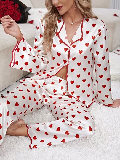 Ensemble pyjama en satin à imprimé cœur avec lien contrastant, ensemble blanc, vêtements d'automne