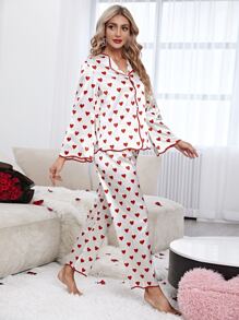 Heart Print Contrast Binding Satin PJ Set / Pajama Set White Set, Fall Clothes  Cozy And Elegant Details - White - View 3