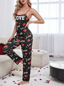 Heart & Letter Graphic Cami Sleep Jumpsuit - Black - View 4