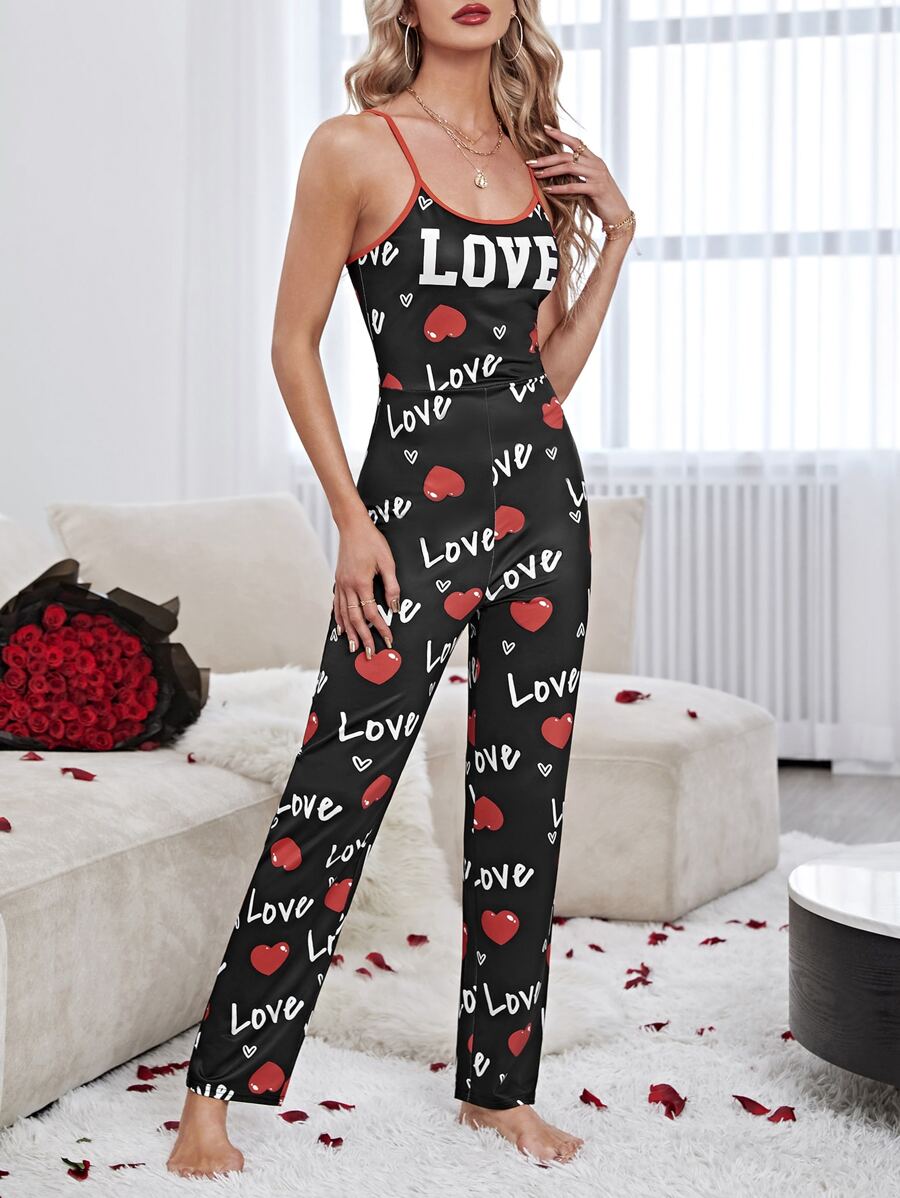 Heart & Letter Graphic Cami Sleep Jumpsuit - Black - View 1