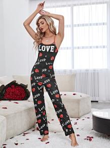 Heart & Letter Graphic Cami Sleep Jumpsuit - Black - View 5
