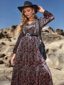 Paisley Print Lantern Sleeve Ruffle Hem Dress Without Belt - Multicolor - View 3