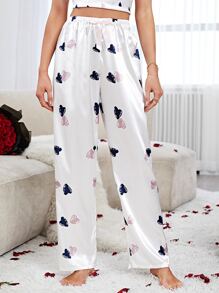 Heart Print Bow Front Satin Sleep Trousers - White - View 1