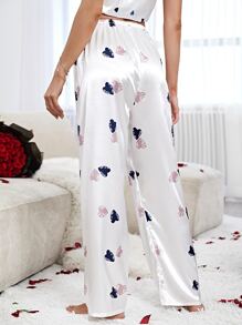 Heart Print Bow Front Satin Sleep Trousers - White - View 2