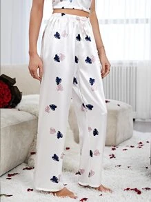 Heart Print Bow Front Satin Sleep Trousers - White - View 4