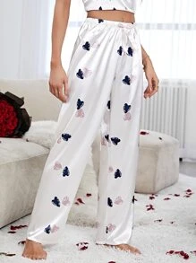 Heart Print Bow Front Satin Sleep Trousers - White - View 5
