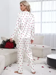 Heart Print Lace Trim Satin PJ Set - White - View 2