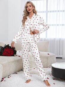 Heart Print Lace Trim Satin PJ Set - White - View 1