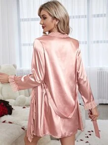 Conjunto de pijama Bata con encaje en contraste con cinturón de satén & Vestido de tirantes con lazo delantero - Rosa - Ver 2