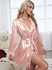 Conjunto de pijama Bata con encaje en contraste con cinturón de satén & Vestido de tirantes con lazo delantero - Rosa - Ver 3