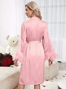 Letter Graphic Fuzzy Cuff Belted Robe