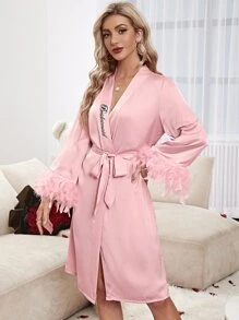 Letter Graphic Fuzzy Cuff Belted Robe