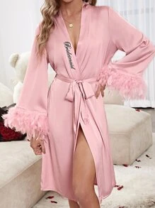 Letter Graphic Fuzzy Cuff Belted Robe