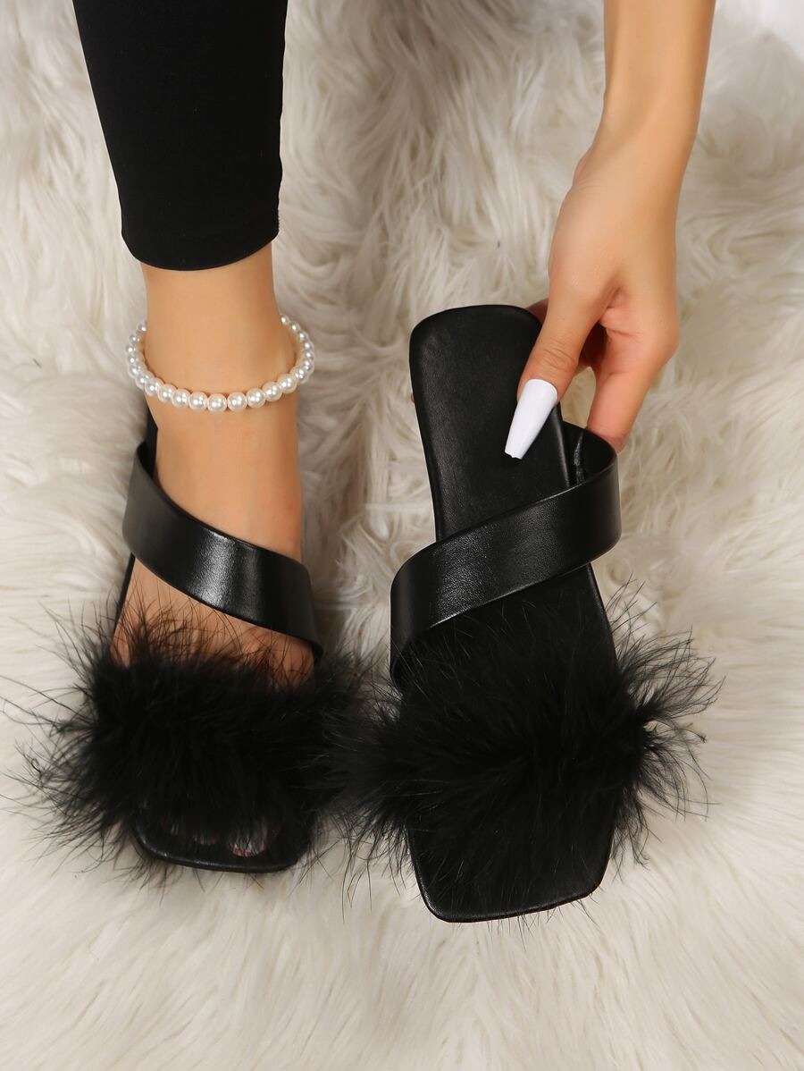 女士露趾拼接毛茸茸側時尚戶外穆勒涼鞋 - 黑色 - 查看 1