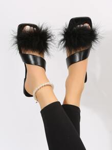 女士露趾拼接毛茸茸側時尚戶外穆勒涼鞋 - 黑色 - 查看 2