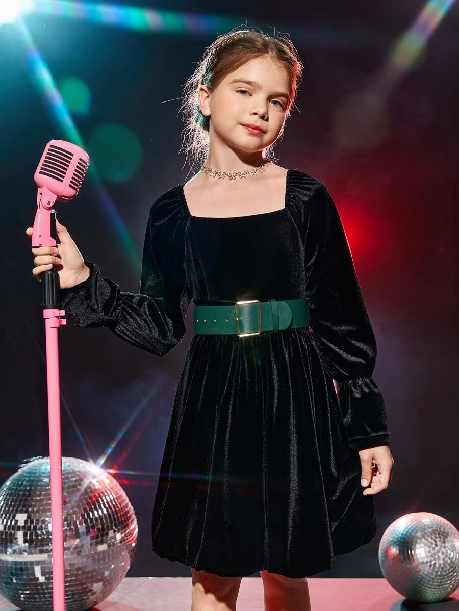 女大童方領荷葉袖派對禮服不附腰帶