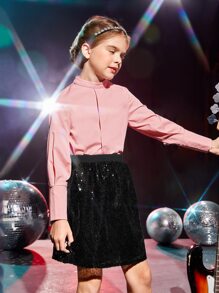 Girls Solid Mock Neck Top & Sequins Skirt - Multicolor - View 5