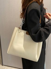 Bolso de hombro con cadena, de gran capacidad y diseño minimalista con efecto de piel sintética, con bolsillo interior. Ideal para adolescentes, mujeres, estudiantes universitarias, principiantes y trabajadores de oficina. Perfecto para la oficina, el trabajo, los negocios y los trayectos. - Beis - Ver 4