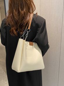 Bolso de hombro con cadena, de gran capacidad y diseño minimalista con efecto de piel sintética, con bolsillo interior. Ideal para adolescentes, mujeres, estudiantes universitarias, principiantes y trabajadores de oficina. Perfecto para la oficina, el trabajo, los negocios y los trayectos. - Beis - Ver 6