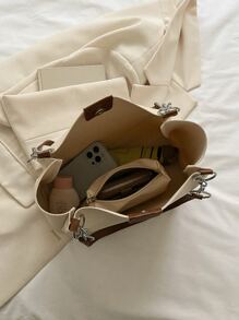 Bolso de hombro con cadena, de gran capacidad y diseño minimalista con efecto de piel sintética, con bolsillo interior. Ideal para adolescentes, mujeres, estudiantes universitarias, principiantes y trabajadores de oficina. Perfecto para la oficina, el trabajo, los negocios y los trayectos. - Beis - Ver 7