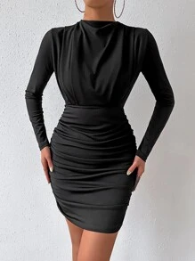 SHEIN Privé Mock Neck Ruched Bodycon Dress - Black - View 3