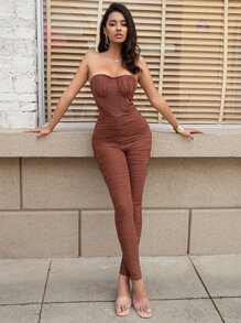 Ruched Bust Mesh Tube Unitard Jumpsuit - Rust Brown - View 1