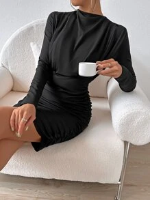 SHEIN Privé Mock Neck Ruched Bodycon Dress - Black - View 6