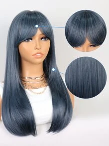 Peluca sintética larga y recta con flequillo - Neblina azul - Ver 4