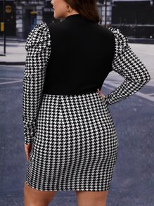 SHEIN Privé Plus Houndstooth Print Gigot Sleeve Bodycon Dress Without Belt - Black and White - View 2