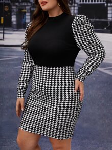 SHEIN Privé Plus Houndstooth Print Gigot Sleeve Bodycon Dress Without Belt - Black and White - View 3