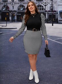 SHEIN Privé Plus Houndstooth Print Gigot Sleeve Bodycon Dress Without Belt - Black and White - View 6
